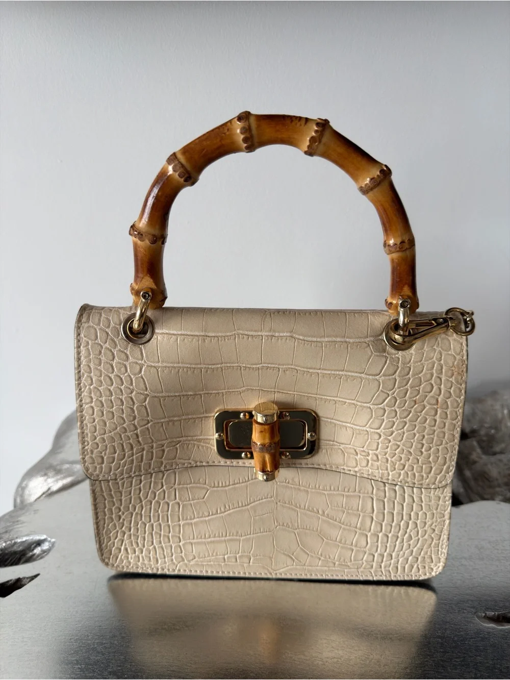 Leather Croc-Embossed Top-Handle Bag w/ Bamboo Accent | Made in Italy | Neutral